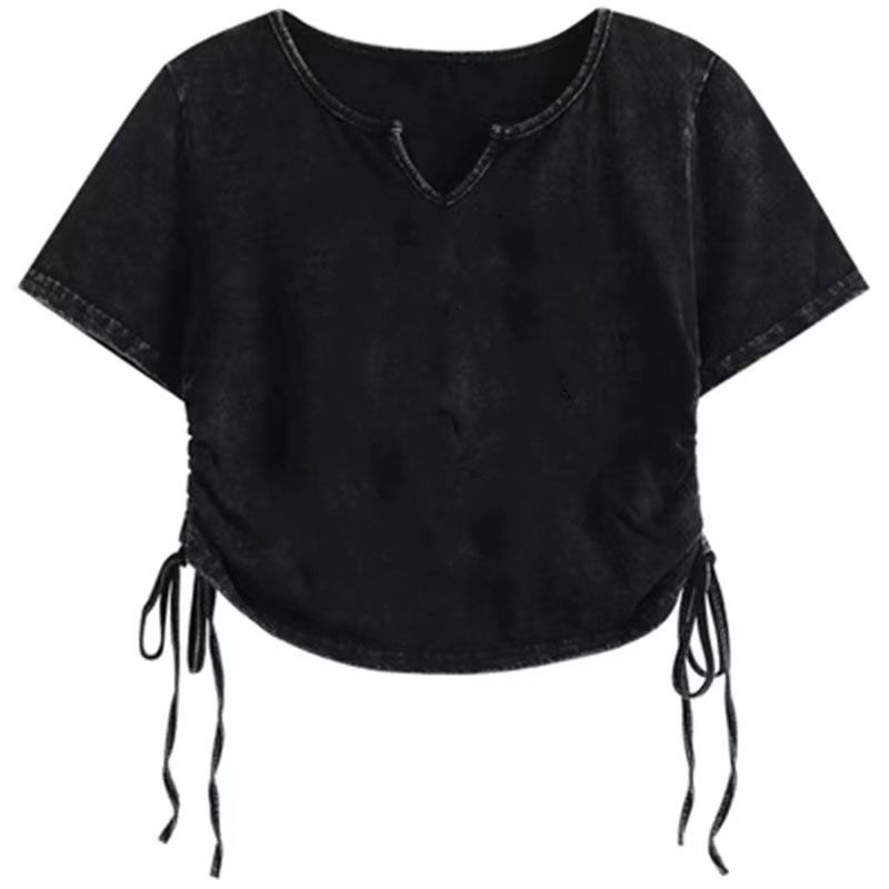 Washed cotton, retro, old short-sleeved 2025 summer loose drawstring design sense