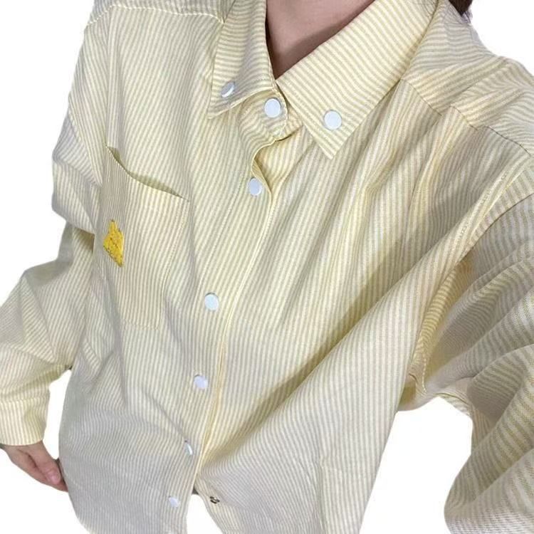 施寧美式復古黃色條紋Polo領襯衫外套女春秋寬鬆繡花小狗開衫上衣