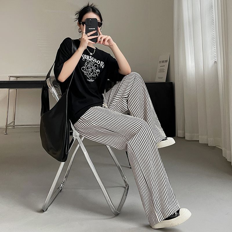 Original cloth + three-dimensional waist black and white striped pants for women's summer thin high waist straight-leg casual ice silk wide-leg pants