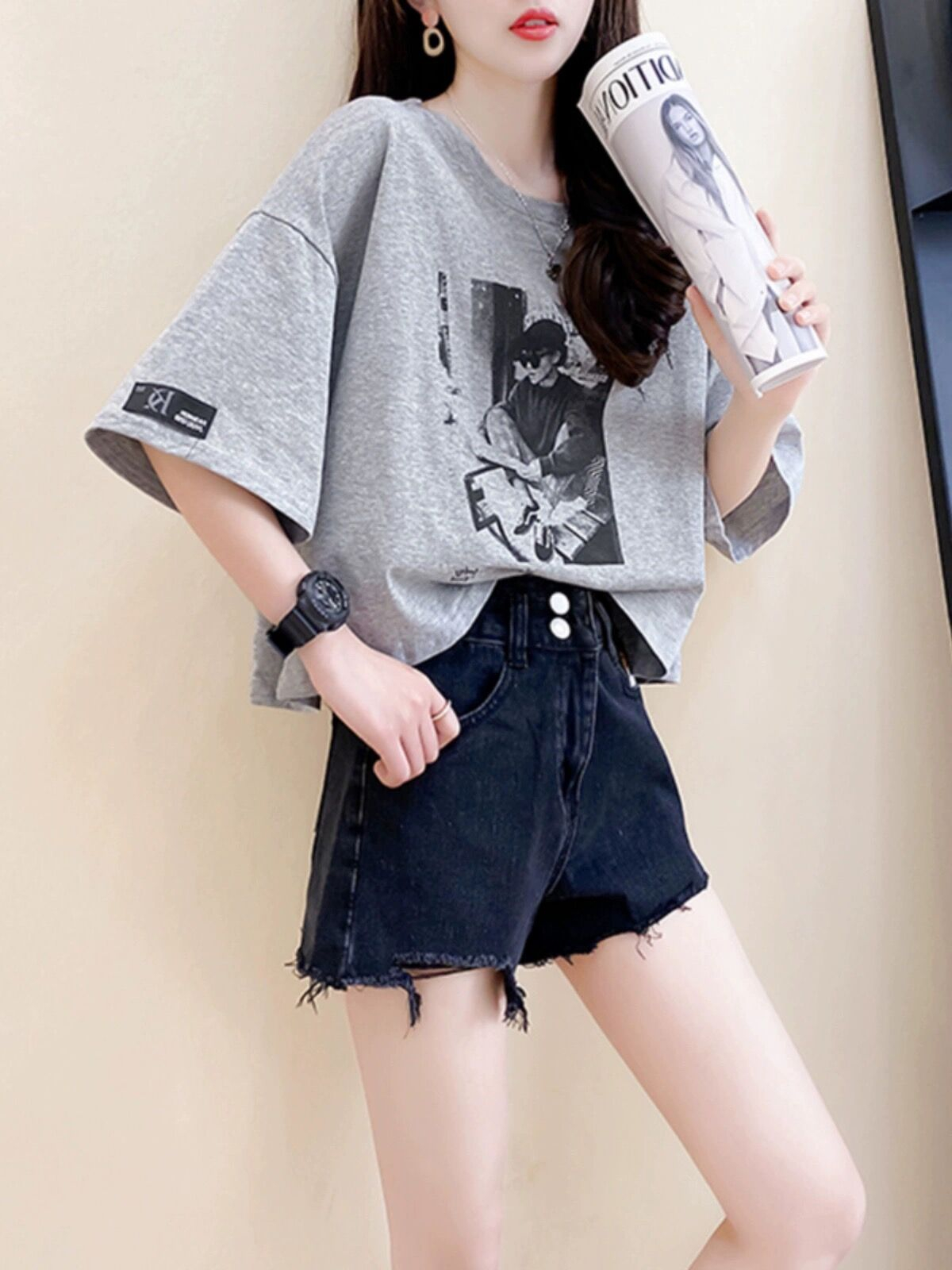 Quality/Loop-locking cotton/Rear collar/Loose short design short-sleeved T-shirt for women