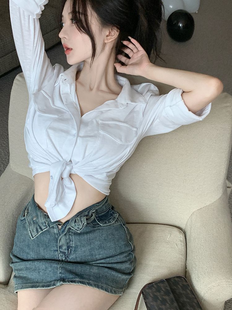 White slim shirt women's autumn pure long-sleeved shirt small design niche unique waist top