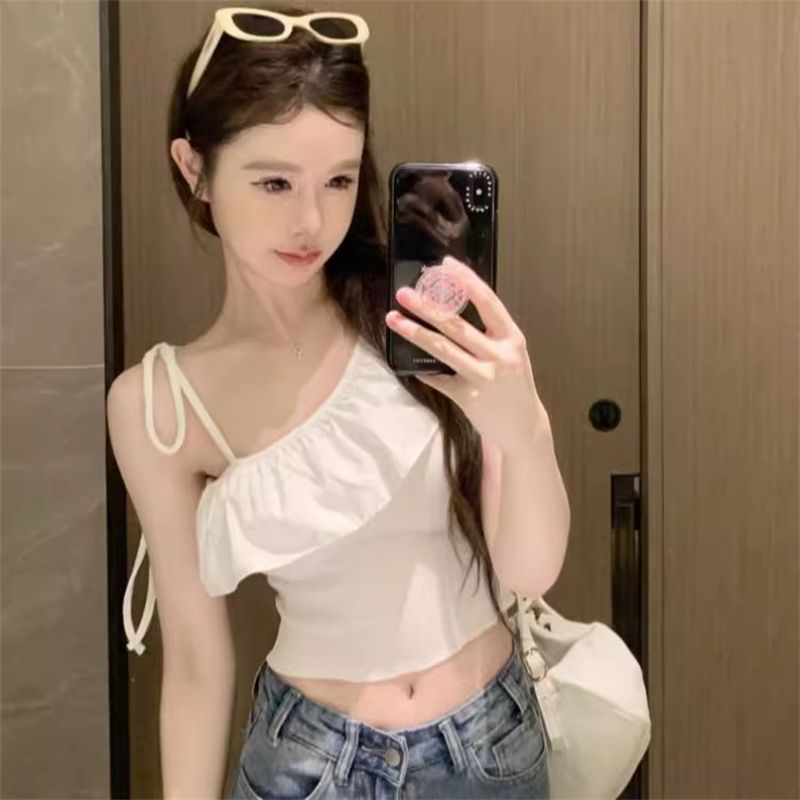 時尚設計感荷葉邊單肩吊帶背心女夏季新款純欲風性感顯瘦短款上衣