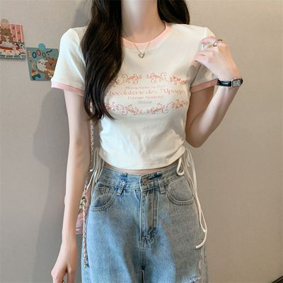 Rib printed short-sleeved T-shirt waist-hugging slimming lace-up pure erotic top