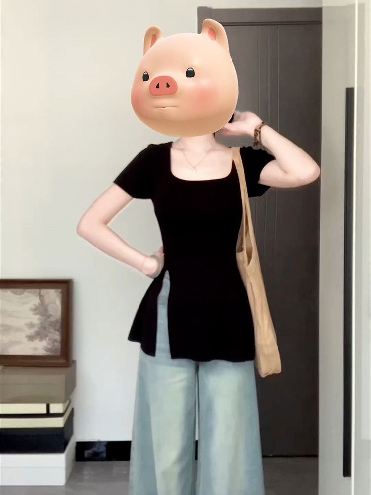 1*1莫代爾黑色u領正肩短袖t恤女夏季2025設計感小眾別致開叉上衣