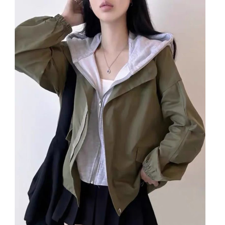 Women's Loose Hooded Zipper Lantern Sleeve Two-Piece Colored Casual Outerwear with Chic Autumn Design in Korea