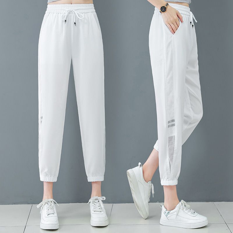 Black and white ice silk casual sports Harem pants for women 2025 new summer thin style tied feet high waist slimming women