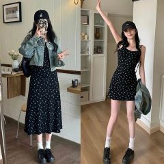 Matsumoto Sad 2025 Spring and Summer New Black Floral Slim Sling Skirt Temperament Dress Waist-Close Sling Skirt