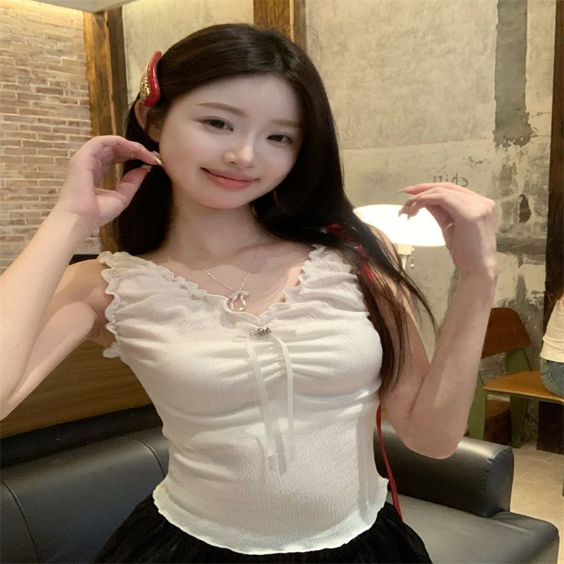 純欲吊帶小背心女夏季無袖木耳邊內搭美式甜辣妹短款絕美上衣外穿
