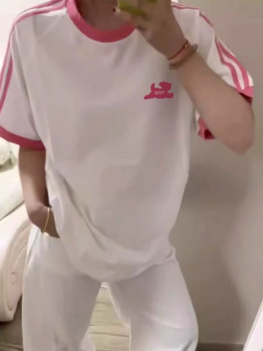 純棉撞色條紋短袖t恤女夏季寬鬆小眾設計感半袖上衣