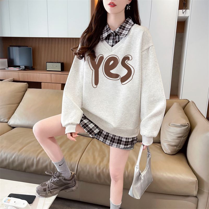 Real shot of 2025 spring and autumn back collar twill, thin top POLO collar plaid sweatshirt for women