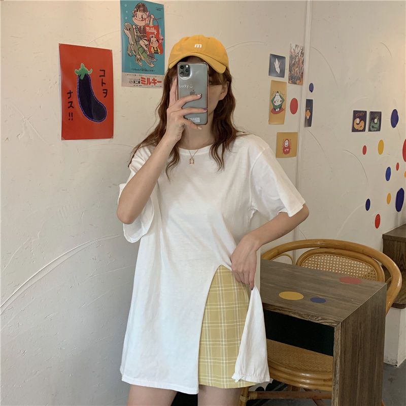 開叉設計感小眾寬鬆潮洋氣中長款白色夏裝新款短袖t恤女