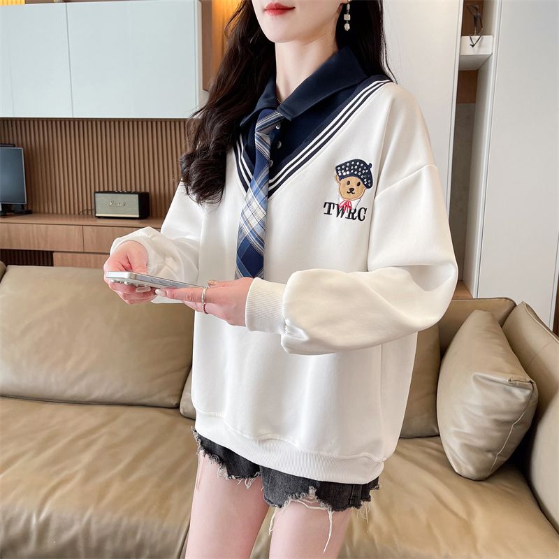 Real shot of 2025 spring new Korean version of POLO collar splicing contrasting color tie loose sweatshirt female student trend