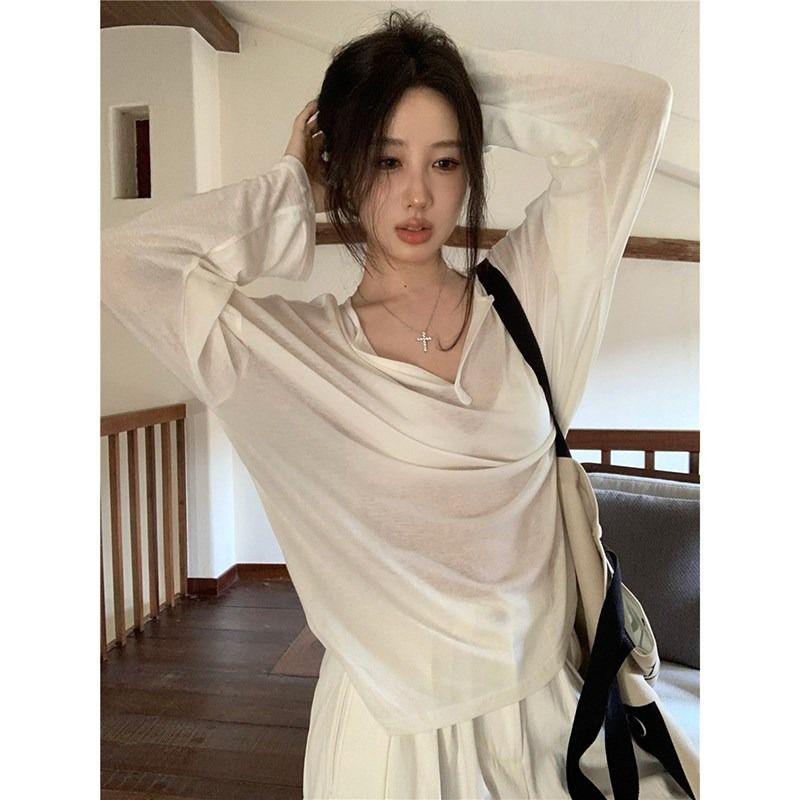 韓系慵懶風白色v領冰絲面膜T恤女夏季薄款微透防曬罩衫