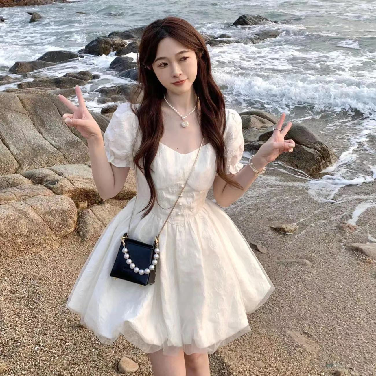 學院風白色甜美公主連衣裙小個子森系奶甜韓系夏季收腰顯瘦花苞裙
