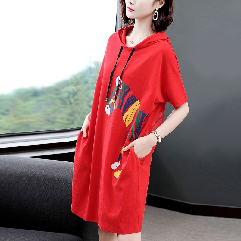 Women's summer 2025 new casual t-shirt skirt lazy style fat m loose large size mid-length printed top
