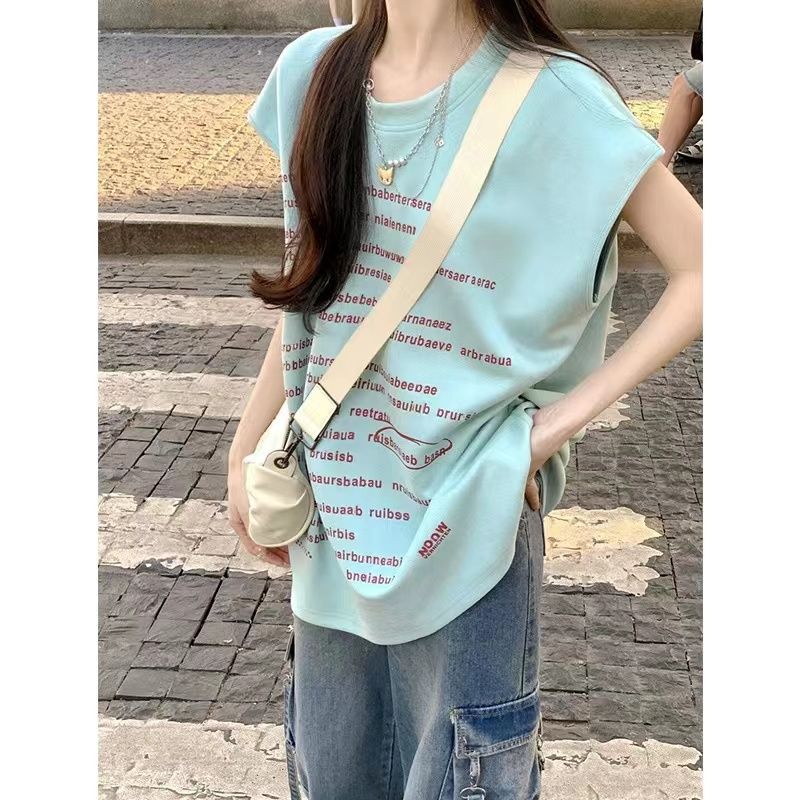 240克雙紗純棉螺口領美式復古字母印花無袖背心T恤女坎