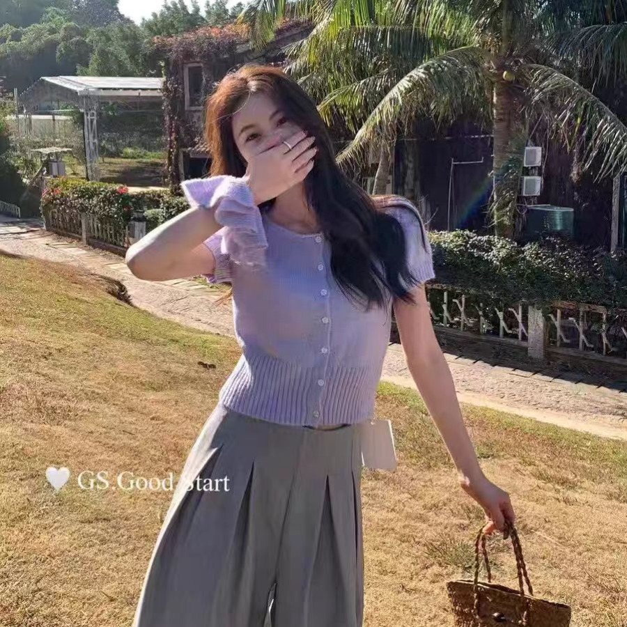 Round neck puff sleeve short sleeve knitted top for women 2025 spring new Korean sweet slim short sweater
