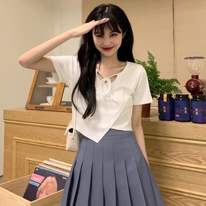 Cotton thread irregular straps versatile short-sleeved T-shirt for women in summer Korean style Korean style slimming short top