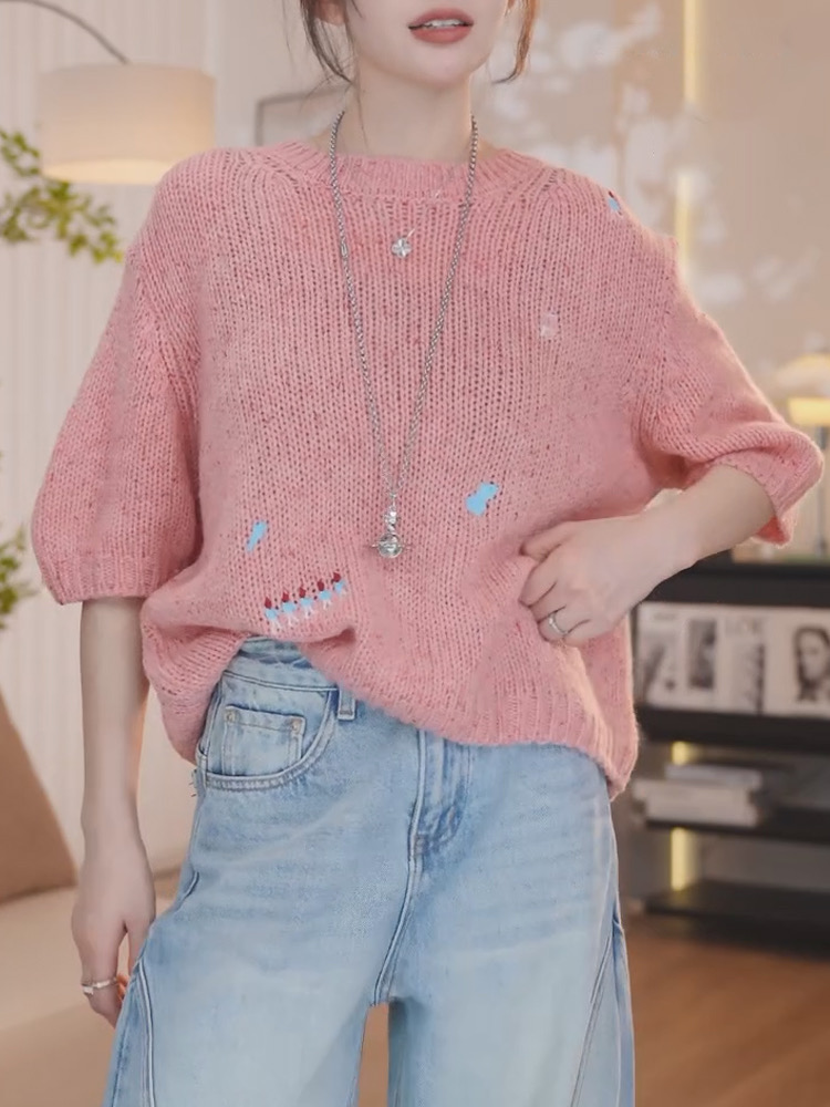 卡通刺繡圓領毛衣女2025新款高級感洋氣減齡春裝外穿套頭針織衫女
