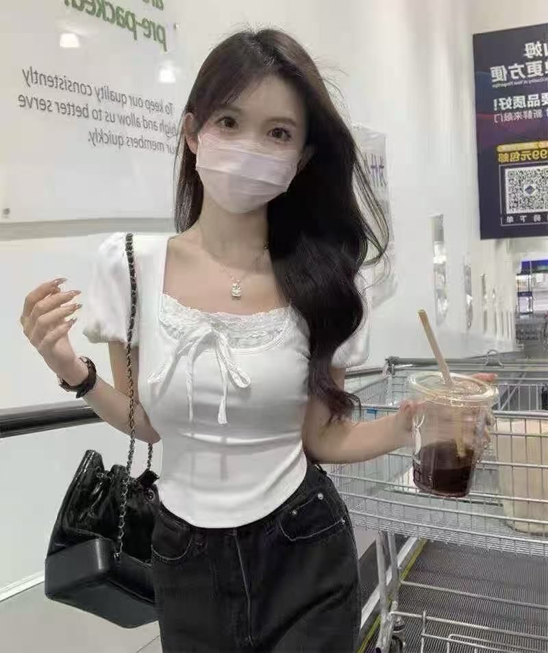 40支棉拼接木耳邊蝴蝶結短袖T恤夏季新款修身短款上衣