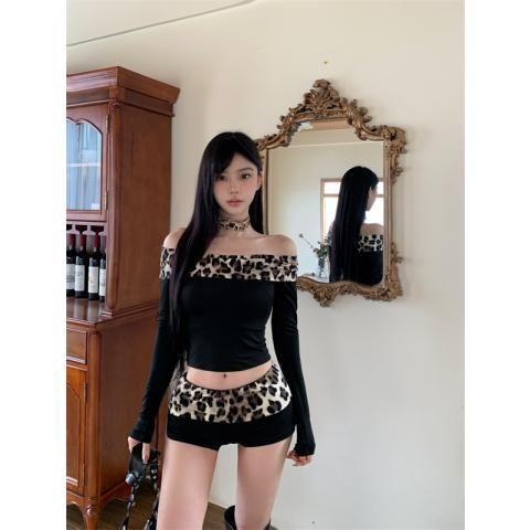 Women's one-shoulder leopard print splicing long-sleeved T-shirt