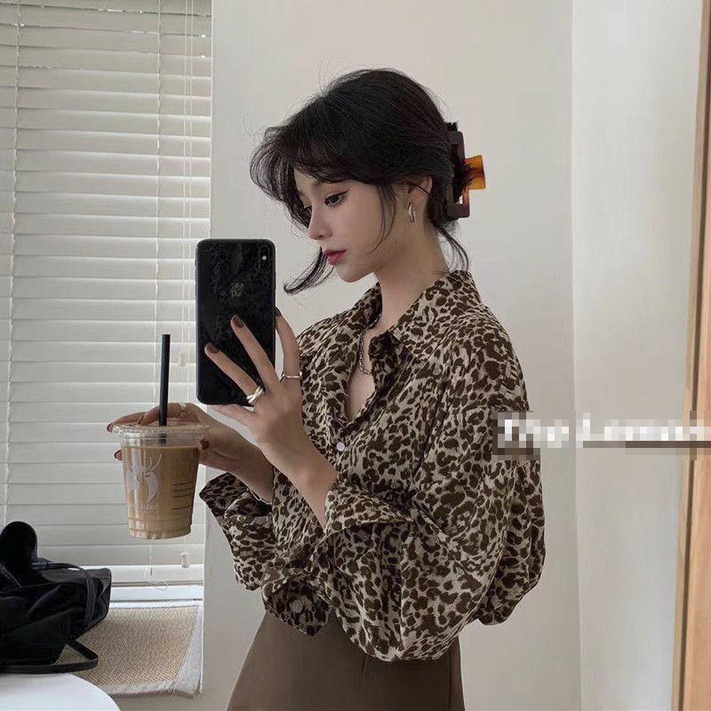 Nightclub spicy girl design small-batch leopard print long-sleeved shirt women's spring and autumn retro Hong Kong style Western-style top blouse cardigan