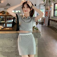 2025 Summer New Slimming Polo Neck Short-Sleeve Top High-Waist Plus-Size Skirt Color-Block Two-Piece Set for Women