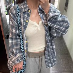 美式街頭秋冬季休閒寬鬆設計感小眾藍色格紋長袖襯衫防曬上衣外穿