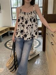 四面彈夏韓系寬鬆短款百搭別致印花小吊帶背心上衣女