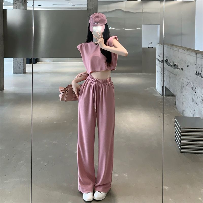 Casual waffle suit women's sleeveless T-shirt top loose draped wide-leg pants summer fashion sports two-piece set