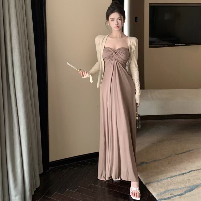 Gentle atmosphere and slim strapless dress for women in early spring pure slim short long-sleeved cardigan long skirt suit