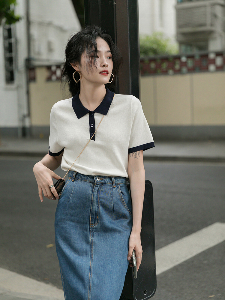 覓定短袖polo衫女夏短款針織上衣春秋法式T恤新款溫柔小眾設計白