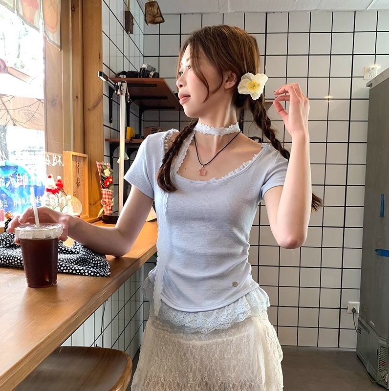 Sweet Ribbon, Fresh and Pure, Alluring, Designer Waist Cinching, Slimming Lace, Drifting Ribbons, Short Sleeve T, Trendy