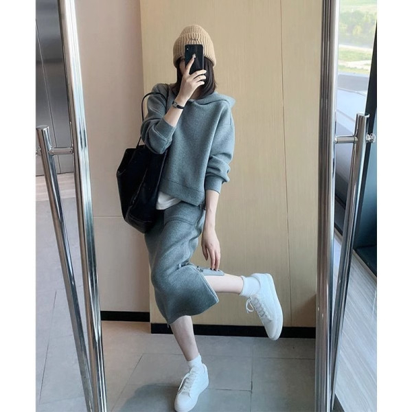 大碼女裝早秋休閒時尚兩件套連帽衛衣半身裙套裝胖