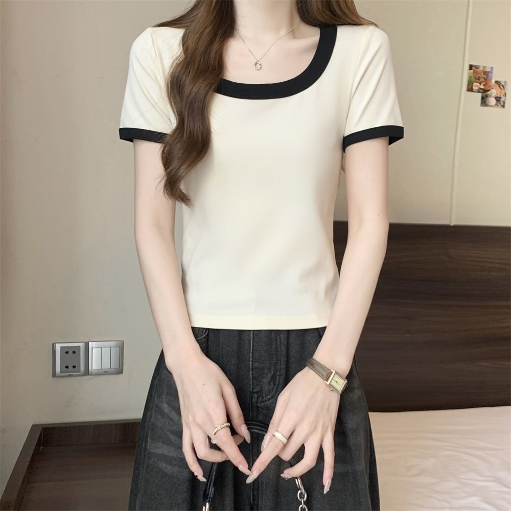 40支純棉210克92棉/8氨綸 短袖T恤女方領撞色