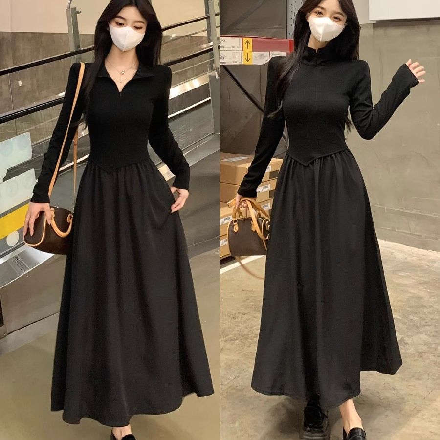 Large size women's Korean version of fat MM slim and slim solid color dress Spring and autumn new temperament age-reducing spliced ​​long skirt