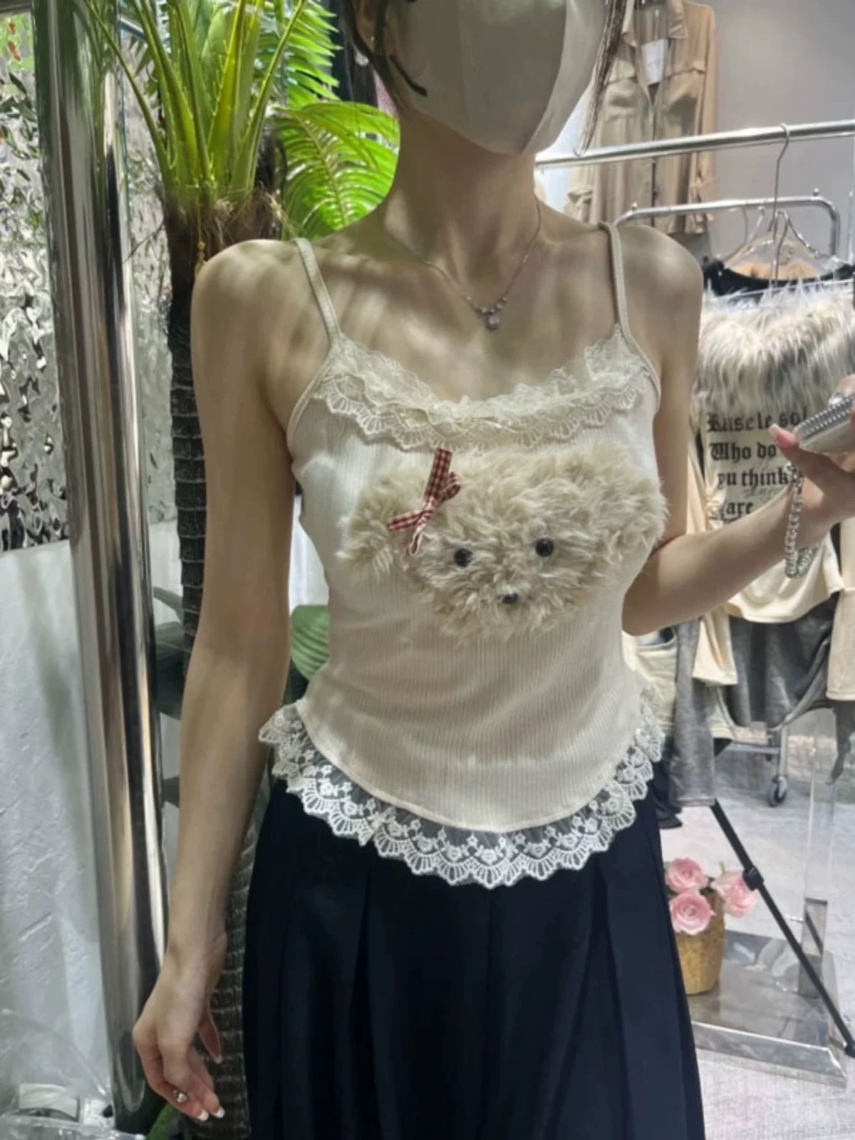 純欲風蕾絲拼接小狗無袖吊帶背心女秋冬修身內搭高級感打底衫上衣