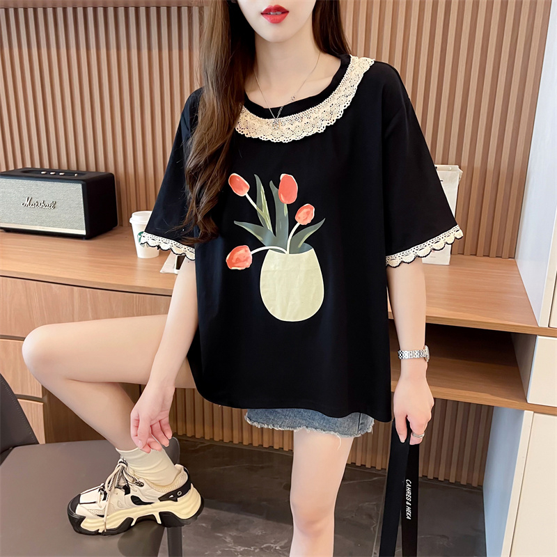 Real-life quality/pure cotton/back collar/loose short small lace splicing T-shirt