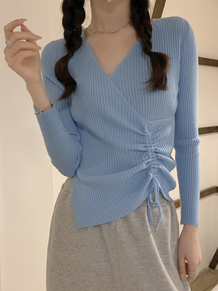 春秋季薄款v領修身長袖打底針織衫上衣不規則開叉短款毛衣女內搭