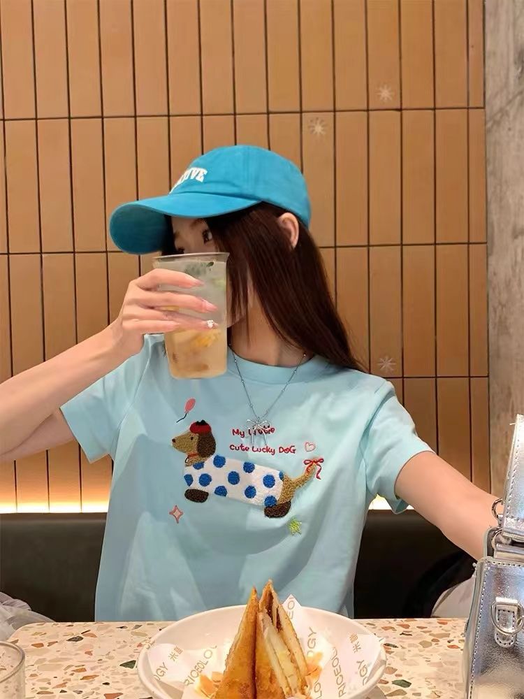 200克純棉官方毛巾繡臘腸小狗正肩T恤女港風小眾上衣