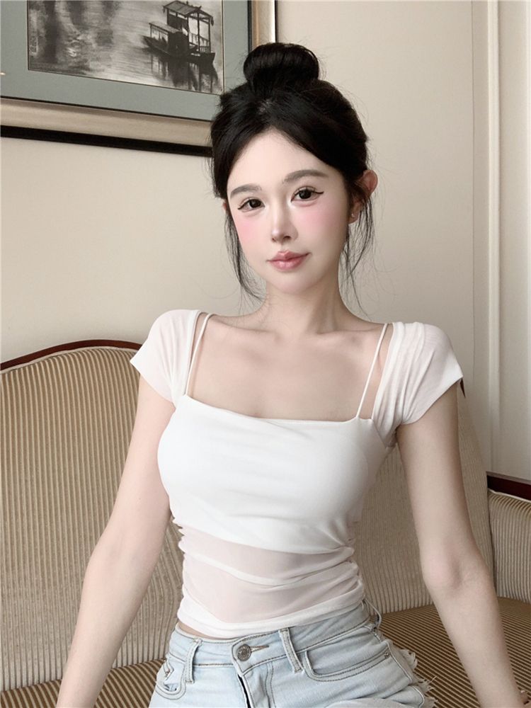 Pure Desire Sweet and Spicy Sister Sexy Short-Sleeve Top for Women Summer Design Sense Unconventional Unique Square Collar Net Fabric Splicing Short-Sleeve T-Shirt