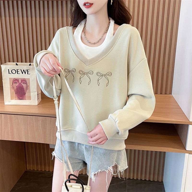 Real shot of 2025 imitation cotton Chinese cotton composite fake two-piece spring and autumn sweatshirt women's new design sense small loose top