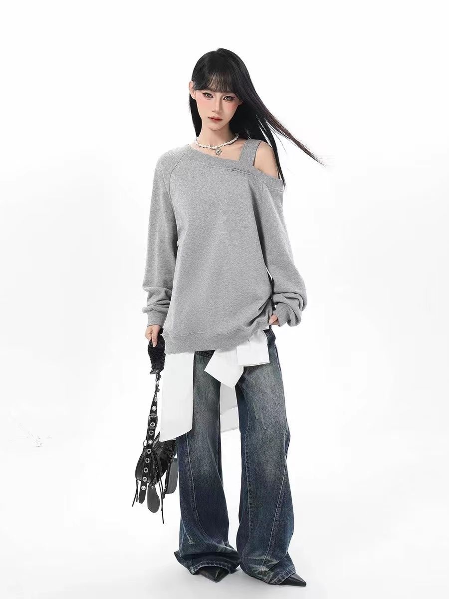 仿華棉複合 寬鬆斜肩上衣女春秋新款設計感小眾露肩衛衣