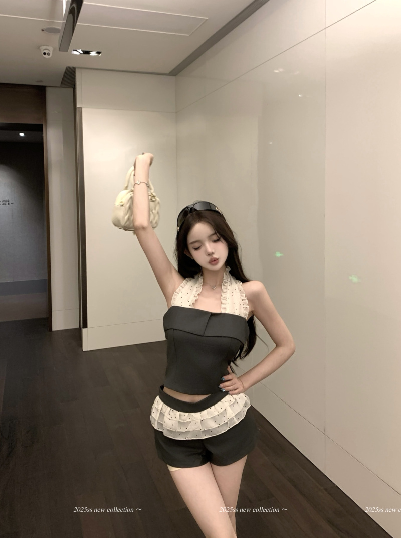 Real photo of Grey sweetheart gray ruffled suspender casual shorts girly halter neck suit summer