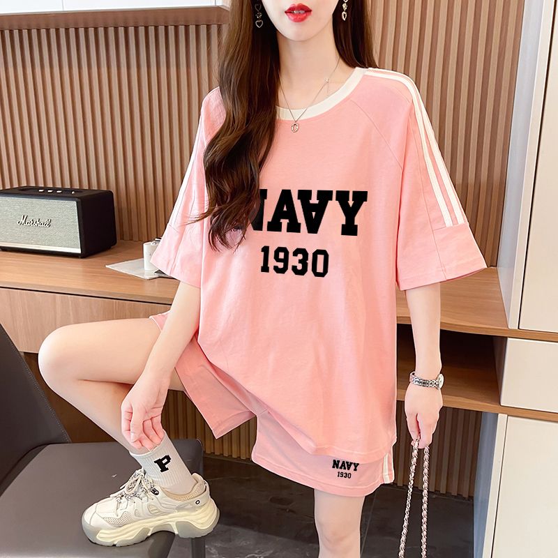 Real photo of pure cotton 2025 summer casual sports short-sleeved T-shirt shorts suit women's two-piece set