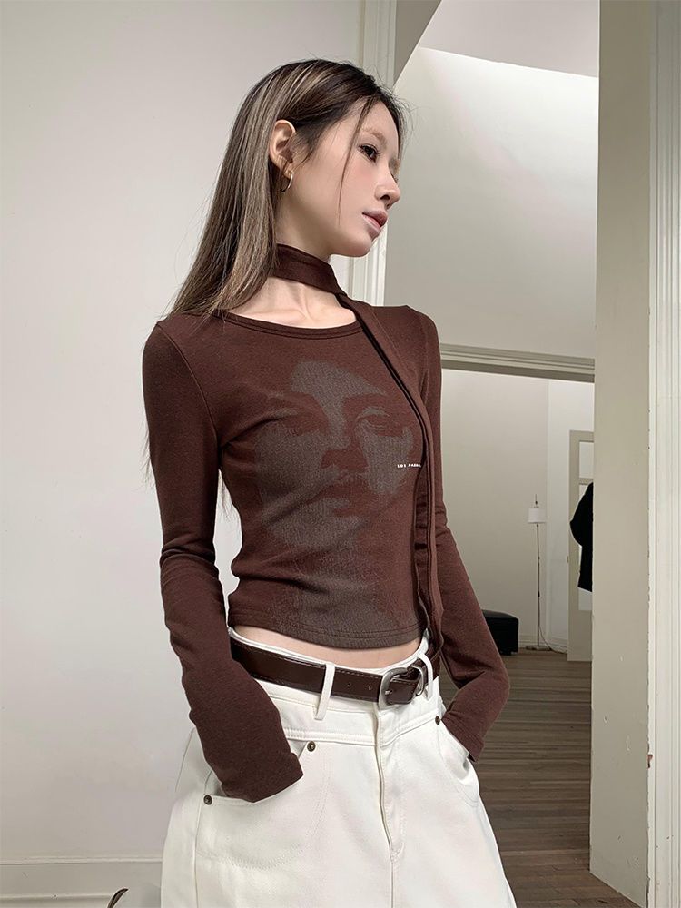 260克人棉莫代爾顯瘦美拉德印花長袖薄款修身短款辣妹內搭上衣