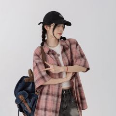 2025 new plaid shirt for women in summer casual design retro lazy style short-sleeved top thin