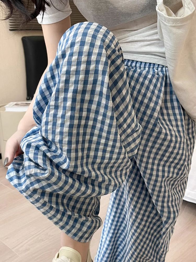 Plaid pants for women's summer thin new high waist drooping retro casual straight wide-leg lazy Yamamoto pants