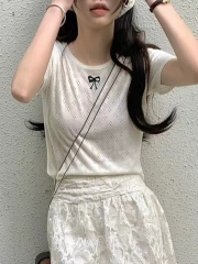 2025新品韓國東大門溫柔甜美減齡休閒洋氣舒適蝴蝶結冰絲短袖T恤