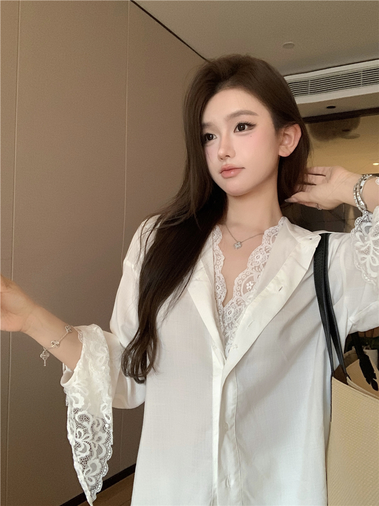 法式御姐假兩件長袖寬鬆襯衫女蕾絲拼接襯衣中長款氣質上衣外搭